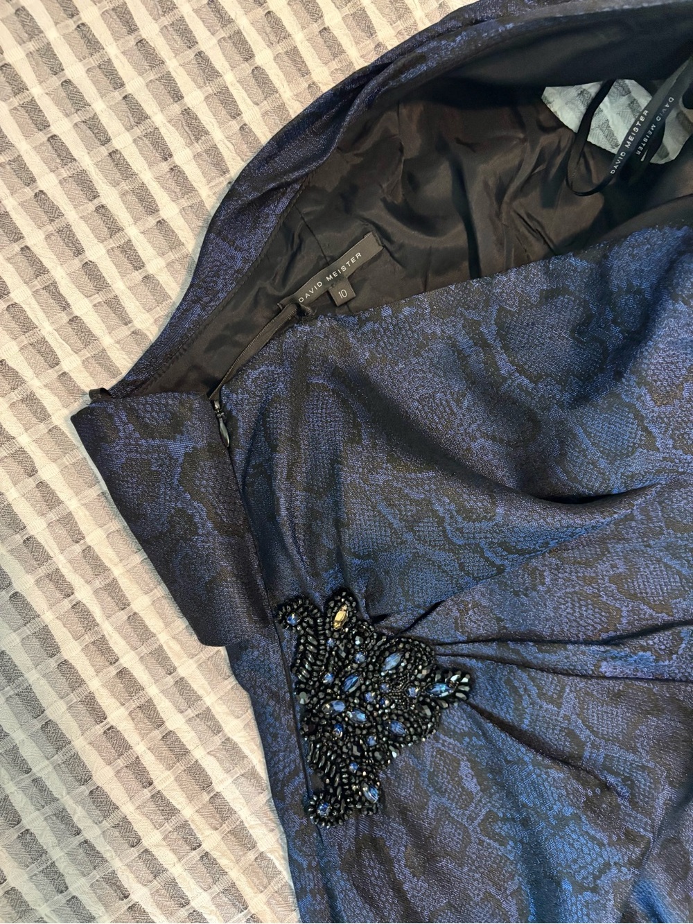 DAVID MEISTER Vintage Navy Blue Jacquard Evening Dress with Beaded Applique